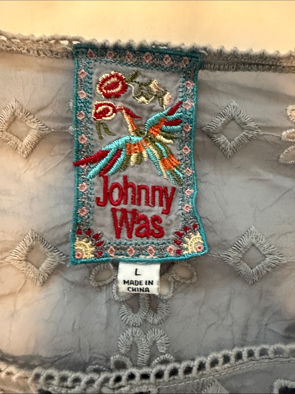 Johnny Was Boho Embroidered Gray Peasant Top Large - Picture 2 of 8